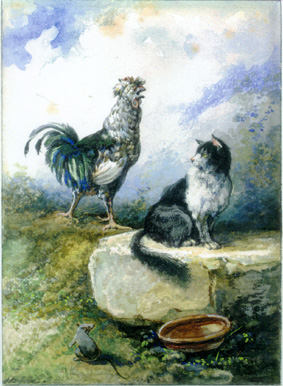 aquarelle de Delierre : illustration de la fable "Le cochet, le chat et le souriceau"
